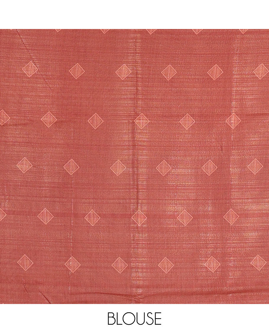 Borderless grey and pink zari stripes and geometric patterns printed soft tussar saree, geometric printed pallu, and contrast diamond motif printed blouse