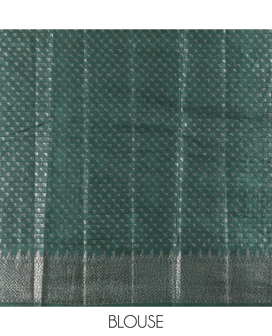 Green Tusser Silk Saree, Mesmerized with Floral Design, a Zari Border, Intricate Pallu, and a Matching Blouse