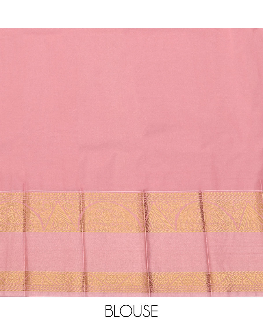 Orange Budget Silk Saree, Detailed with Zari Buttas All Over Its Body, Complemented by a Contrast Traditional Zari Design Rettai Pettu Border, Sparsely Woven Pallu, and Paired with a Contrast Blouse