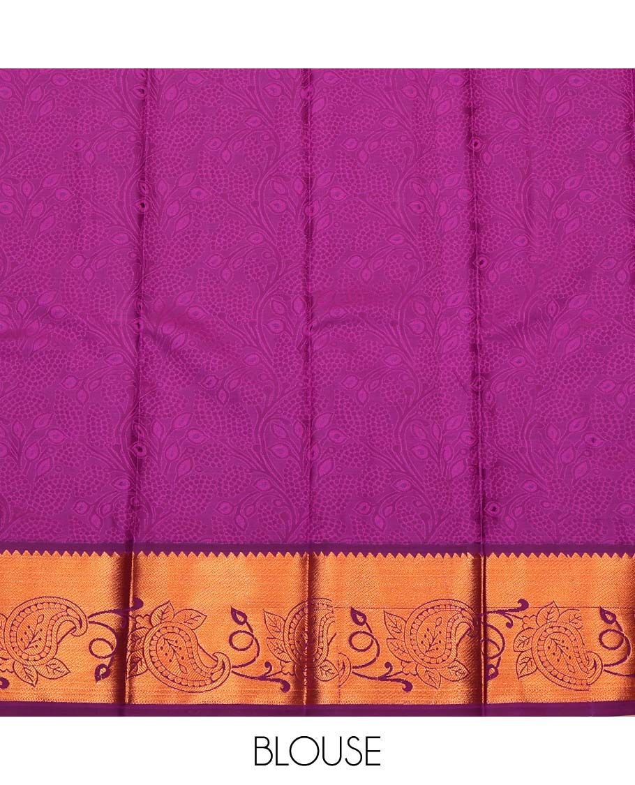 Magenta Budget Silk Saree, Detailed with a Floral Vine Design, Complemented by a Contrast Floral Creeper Zari Border, Grand Jaal Pallu, and a Contrast Blouse