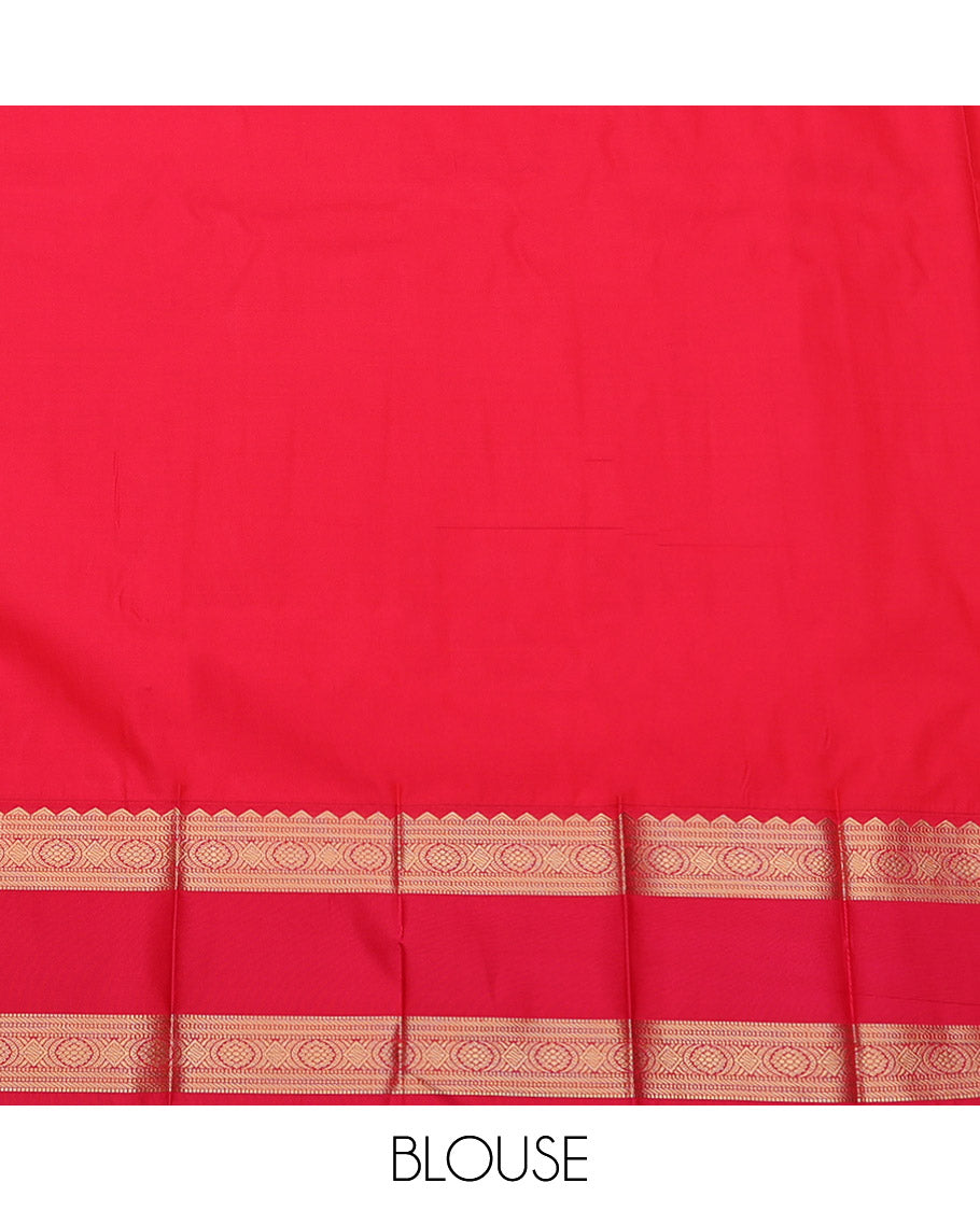 Yellow Budget Silk Saree, Sparsely Woven with Buttas and Stripes, Complemented by a Contrast Traditional Rettai Pettu Border, Jaal Pallu, and a Contrast Blouse