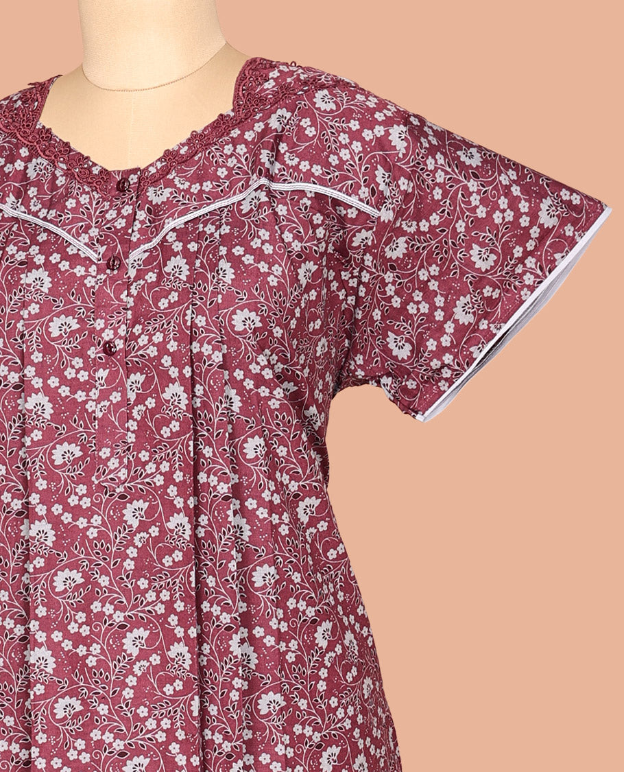 Light Maroon Floral Cotton-Blended Nighty
