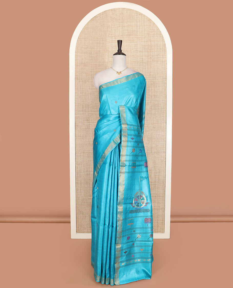 Red rudraksha buttas tussar saree, zari border, and pallu of meena buttas