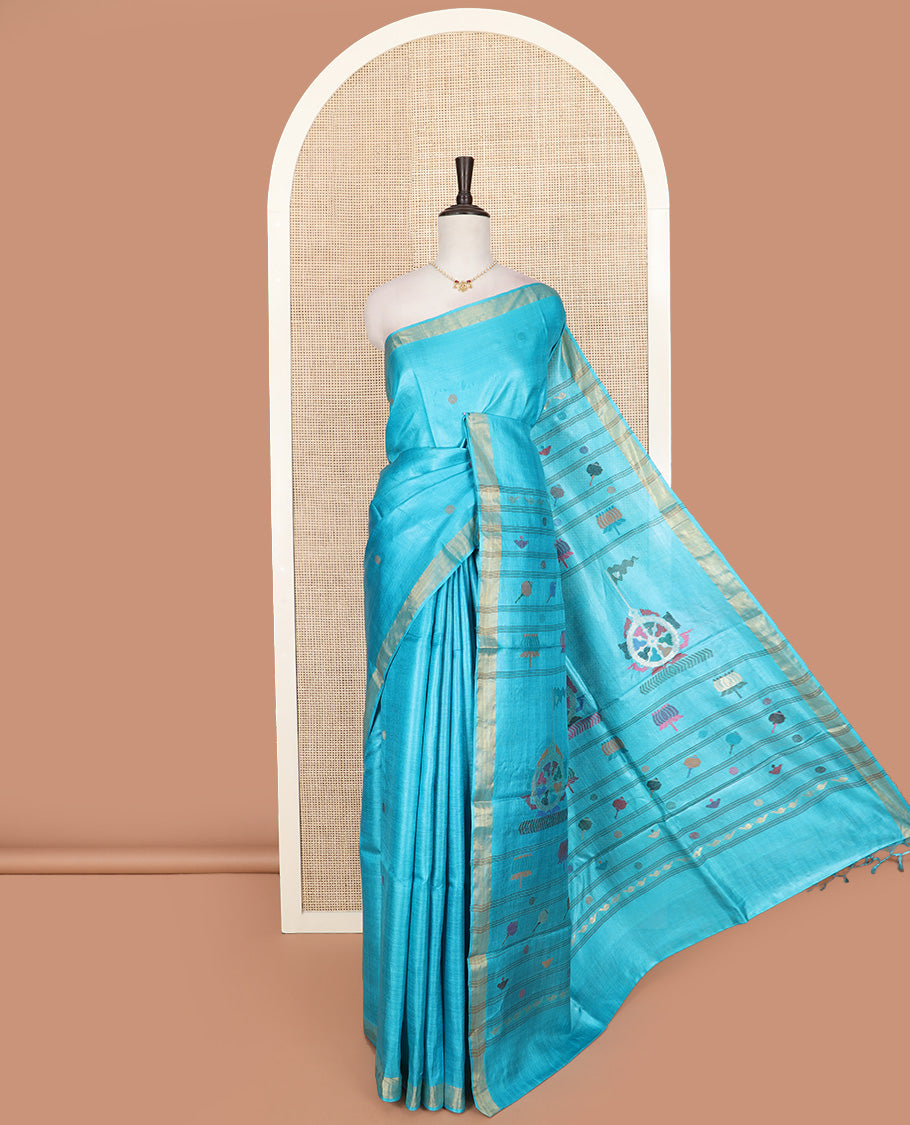 Red rudraksha buttas tussar saree, zari border, and pallu of meena buttas
