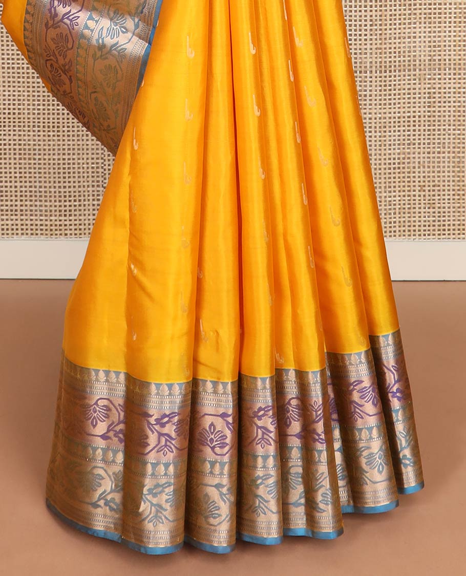 Yellow muniya buttas silk saree, contrast border & pallu of paithani-style meenakari floral & paisley motifs weave