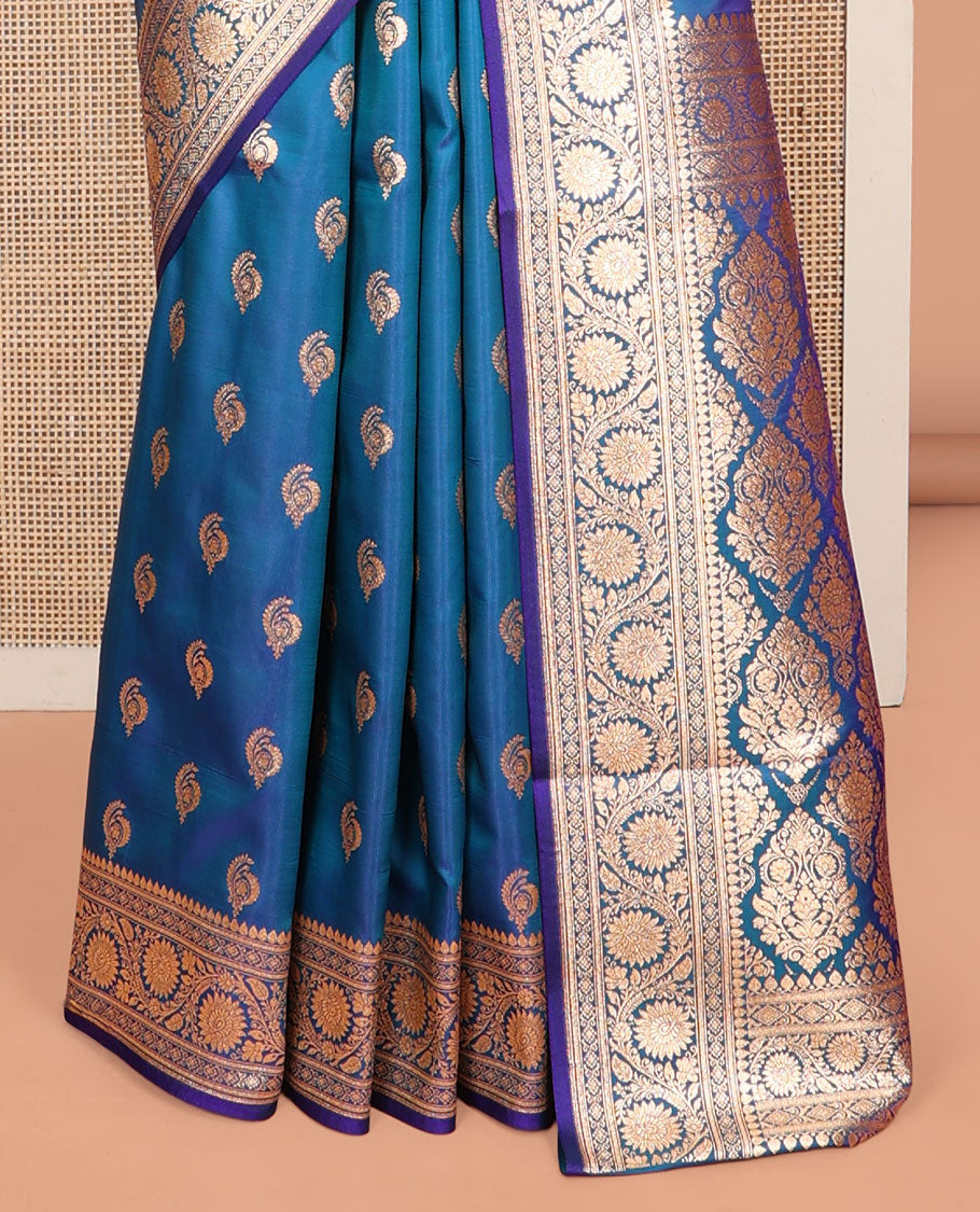 Blue Banarasi Nylon Saree, Decorated with Buttas, Floral Creeper Zari Border, Intricate Pallu, and a Matching Blouse