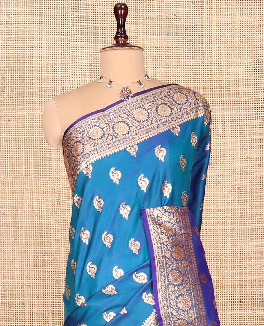 Blue Banarasi Nylon Saree, Decorated with Buttas, Floral Creeper Zari Border, Intricate Pallu, and a Matching Blouse
