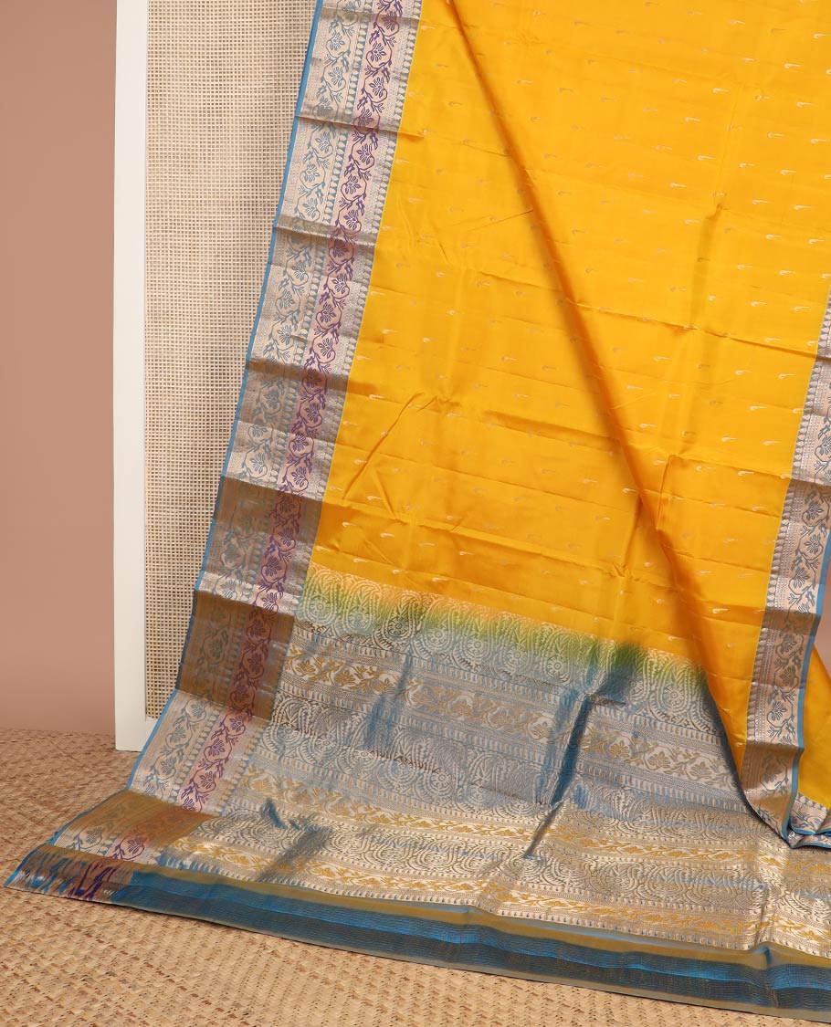 Yellow muniya buttas silk saree, contrast border & pallu of paithani-style meenakari floral & paisley motifs weave