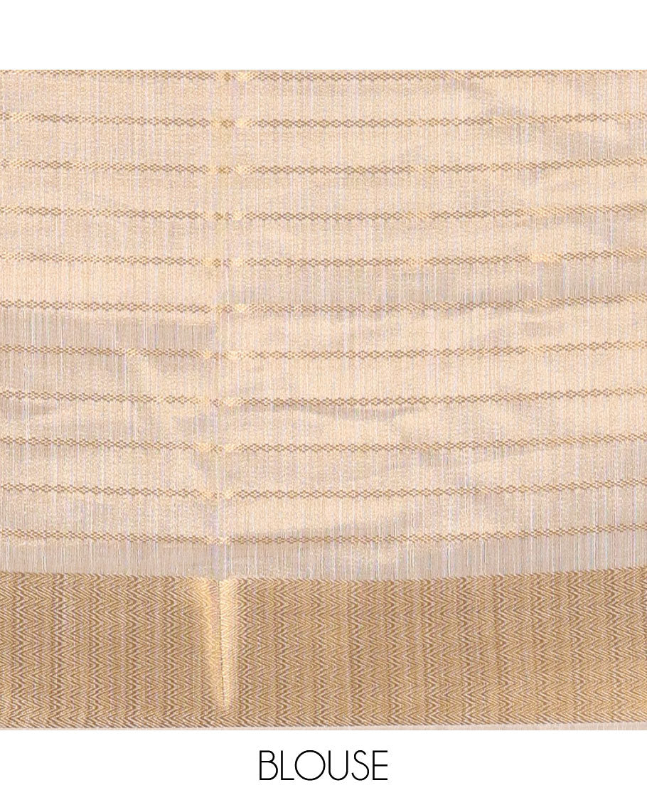 Half-white zari horizontal stripes viscose georgette saree, zari-vanki design border, lining seer pallu & zari design running blouse