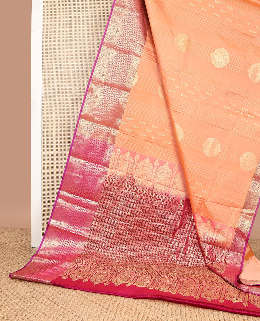 Peach striped, floral design gift saree with contrast zari design border & argyle design pallu