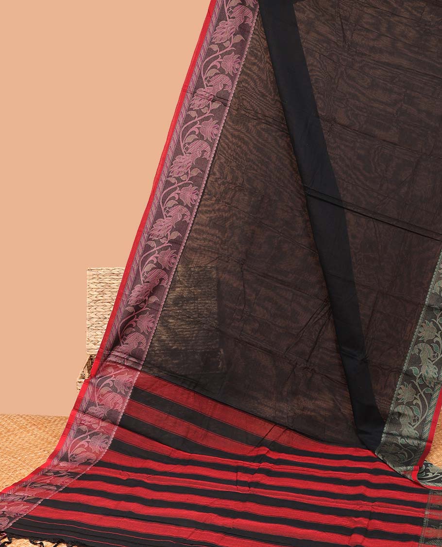 Black plain design Narayanapet cotton saree, contrast ganga jamuna leaf creeper border & striped pallu