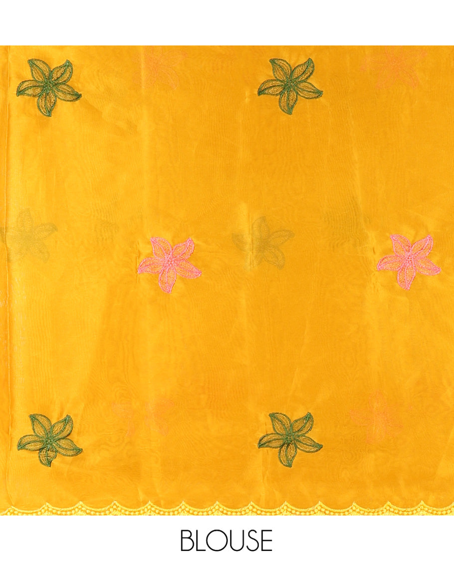 Pista Green Rangoli Chiffon Saree, Crafted with Multi-Color Floral Vine Embroidery on Its Body, Floral Embroidered Pallu, and Contrast Floral Embroidered Blouse