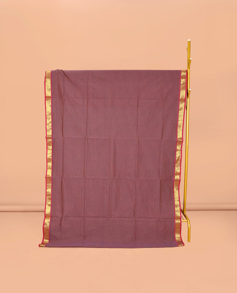 Multi-Color Micro-Checked Poly Cotton Saree, Complemented by Contrast Traditional Zari Design Border, Pallu of Stripes, and Paired with a Contrast Blouse