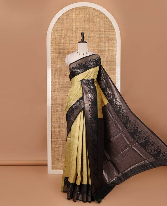 Yellow zari checked & floral buttas kanchi silk saree,contrast satin border of floral zari motifs,intrictae pallu & contrast plain blouse