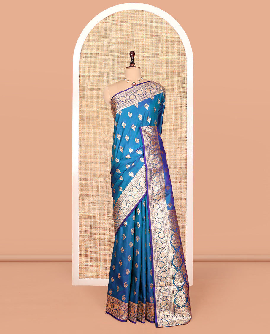 Blue Banarasi Nylon Saree, Decorated with Buttas, Floral Creeper Zari Border, Intricate Pallu, and a Matching Blouse