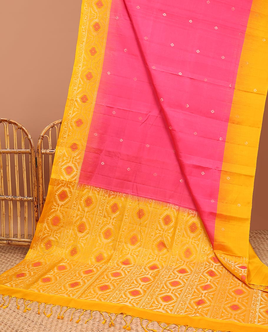 Pink floral buttas soft silk saree with contrast zari border & ogee design pallu