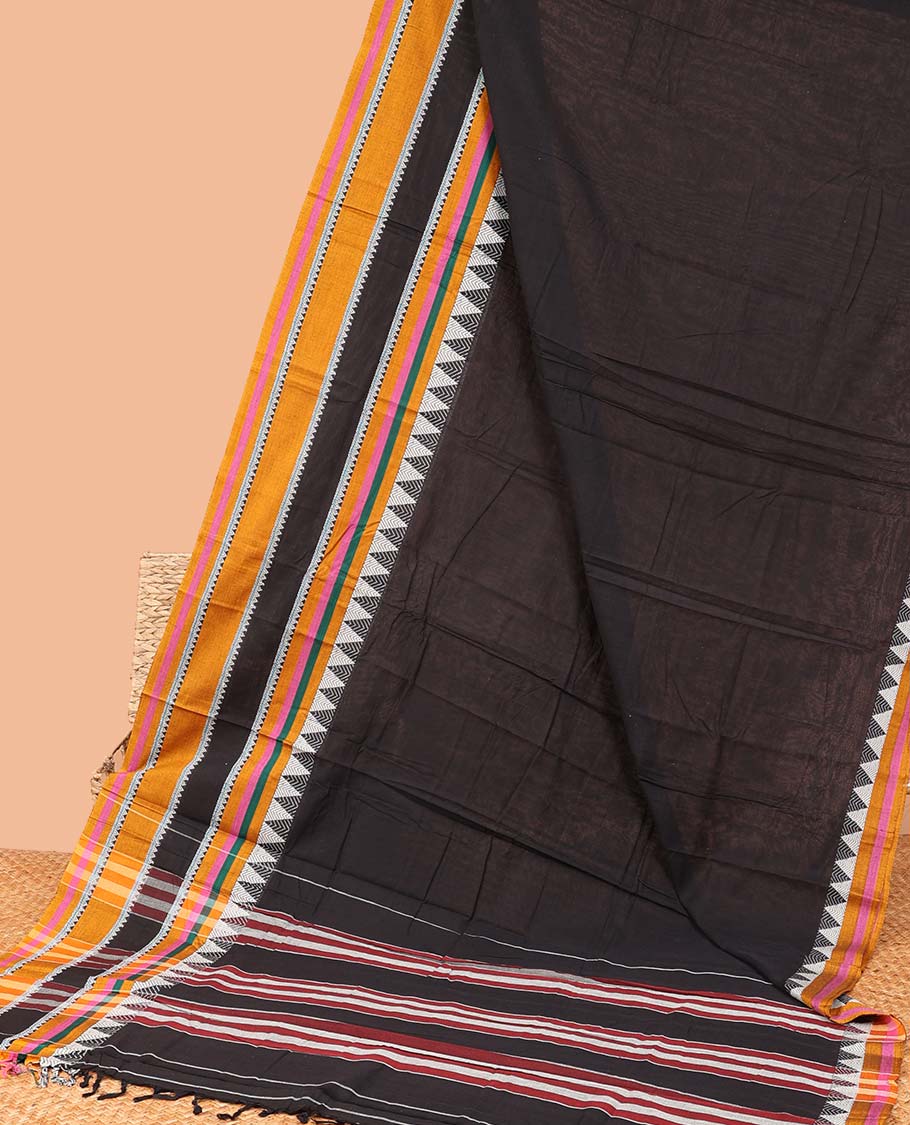 Black plain Narayanapet cotton saree, contrast traditional design border & striped pallu