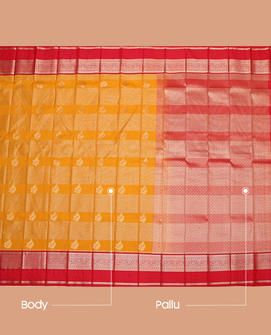 Orange Budget Silk Saree, Beautified with Zari Buttas and Stripes on Its Body, Complemented by a Contrast Traditional Zari Designs Woven Rettai Pettu Border, Grand Pallu, and Paired with a Contrast Blouse