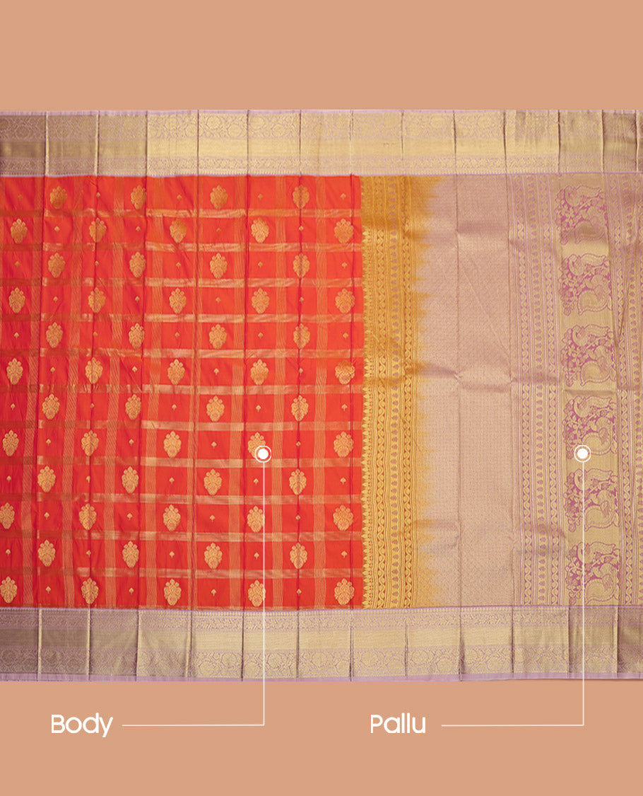 Orange Budget Silk Saree, Impeccably Styled with Zari Buttas and Checks, Captivating Contrast Traditional Zari Design Border, Grand Pallu, and a Contrast Blouse