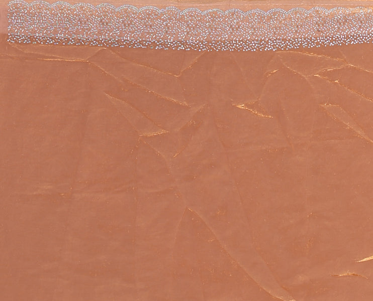Peach Swarovski crystal stone embedded fendy chiffon saree, scallop Swarovski stone embroidered border, and contrast plain blouse