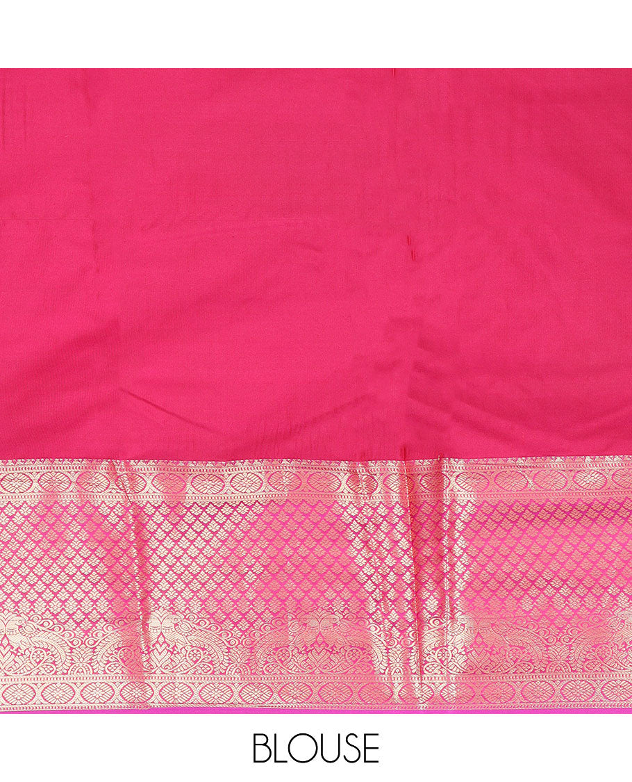 Peach striped, floral design gift saree with contrast zari design border & argyle design pallu