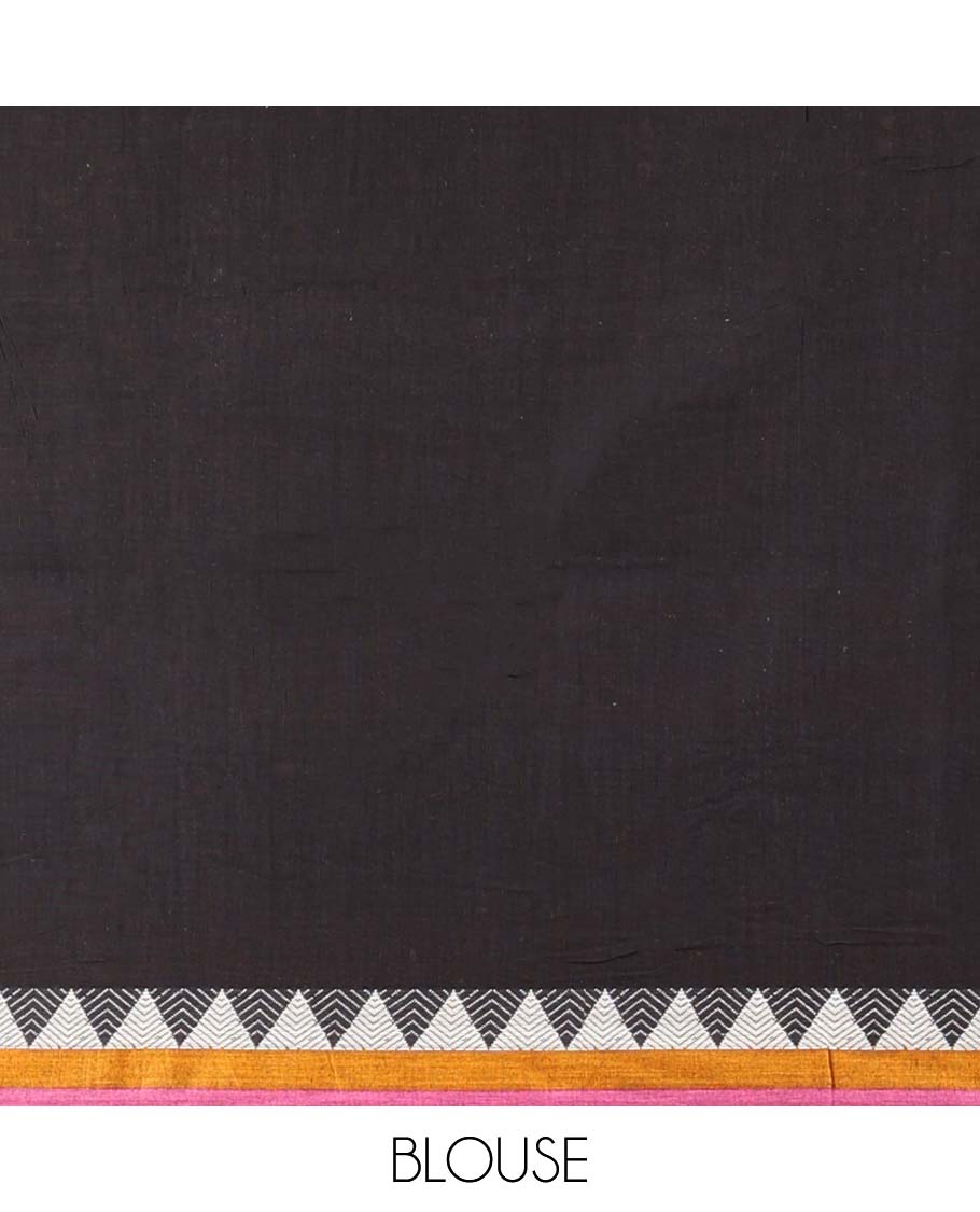 Black plain Narayanapet cotton saree, contrast traditional design border & striped pallu