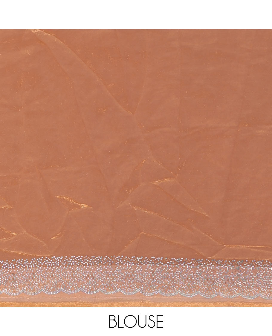 Peach Swarovski crystal stone embedded fendy chiffon saree, scallop Swarovski stone embroidered border, and contrast plain blouse