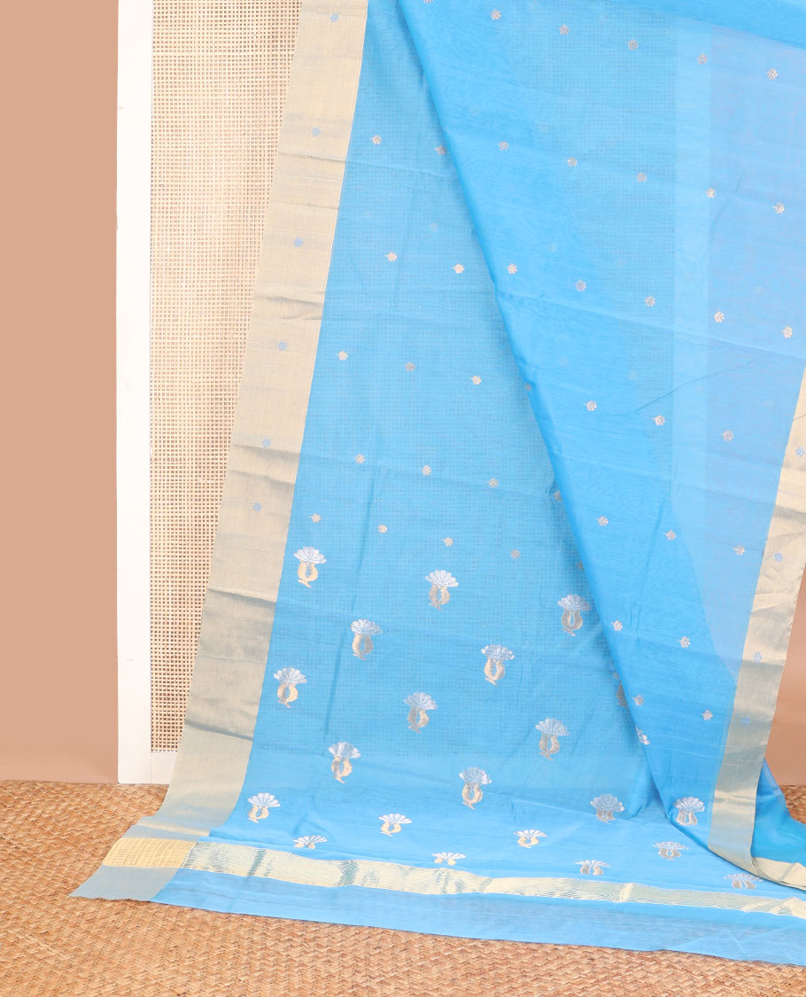 Light blue motifs chanderi cotton saree with contrast zari border & striped pallu