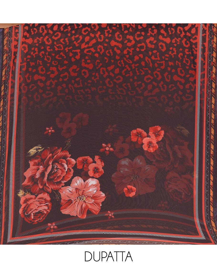 White and black material chudidar set, cheetah skin and floral-printed Italian crepe top, a plain bottom, and a georgette dupatta of cheetah skin and floral print