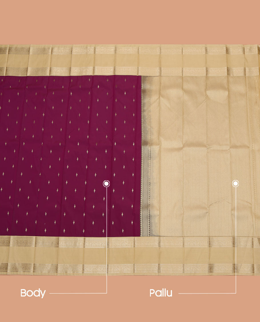 Wine Budget Silk Saree, Prettified with Buttas All Over Its Body, Complemented by a Contrast Traditional Zari Design Rettai Pettu Border of Peacocks, a Grand Pallu of Jaal Design, and Paired with a Contrast Blouse
