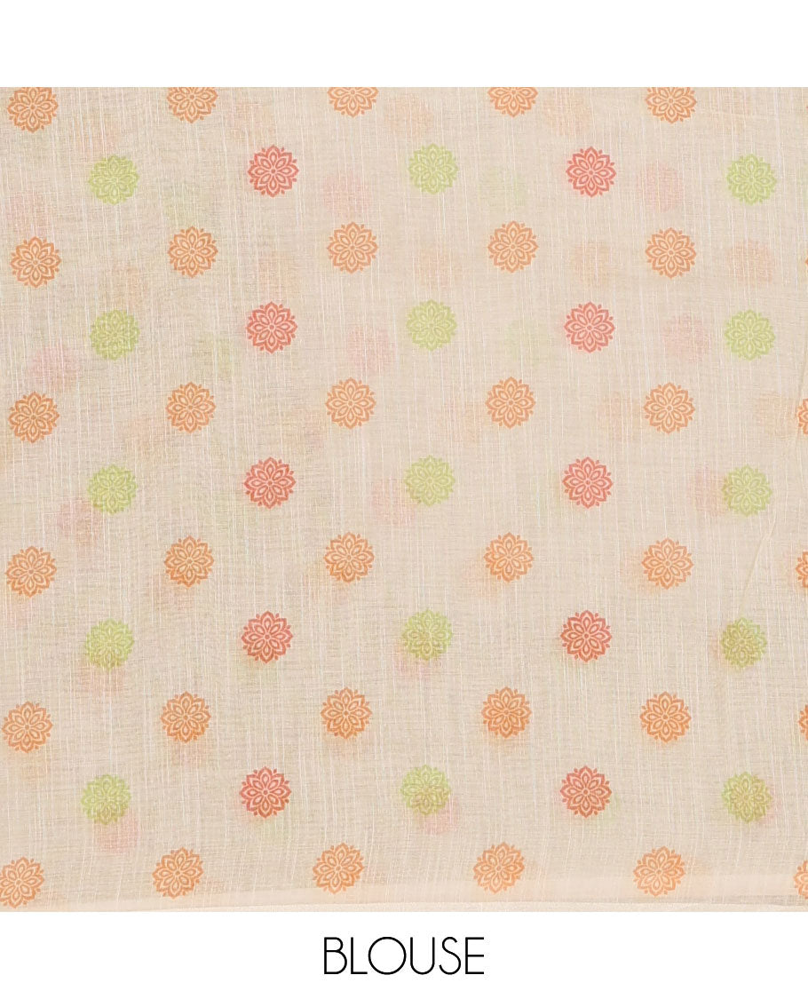 Cream full-plain linen saree, contrast big plain pink border & plain pallu & buttas printed matching blouse