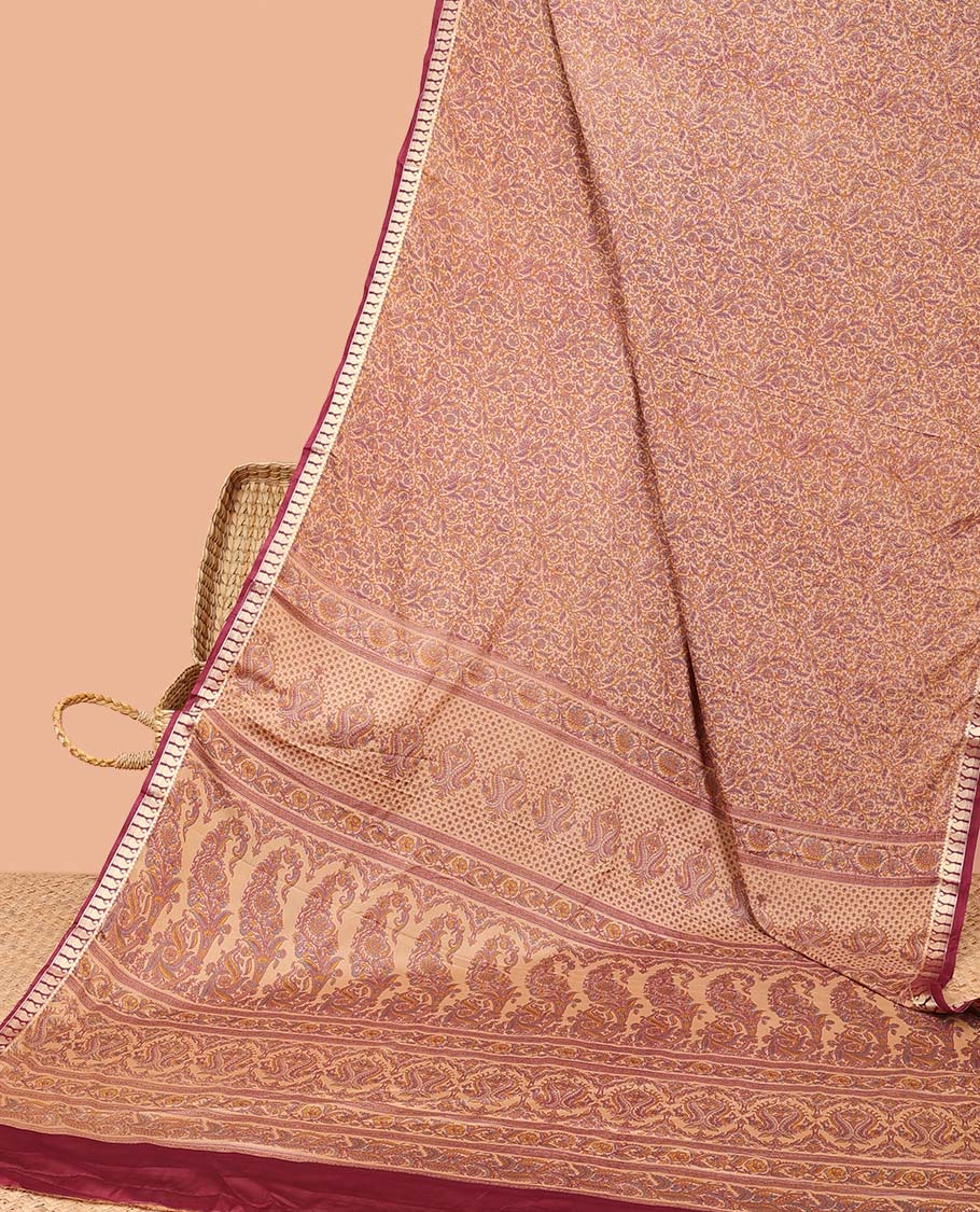 Sandal micro-motifs printed semi-banaras printed saree, contrast paisleys border & intricate pallu