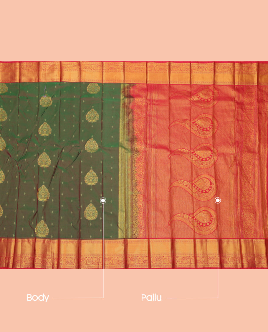 Green Budget Silk Saree, Highlighted by Zari Buttas, a Contrast Traditional Zari Border, Grand Jaal Pallu, and a Contrast Blouse