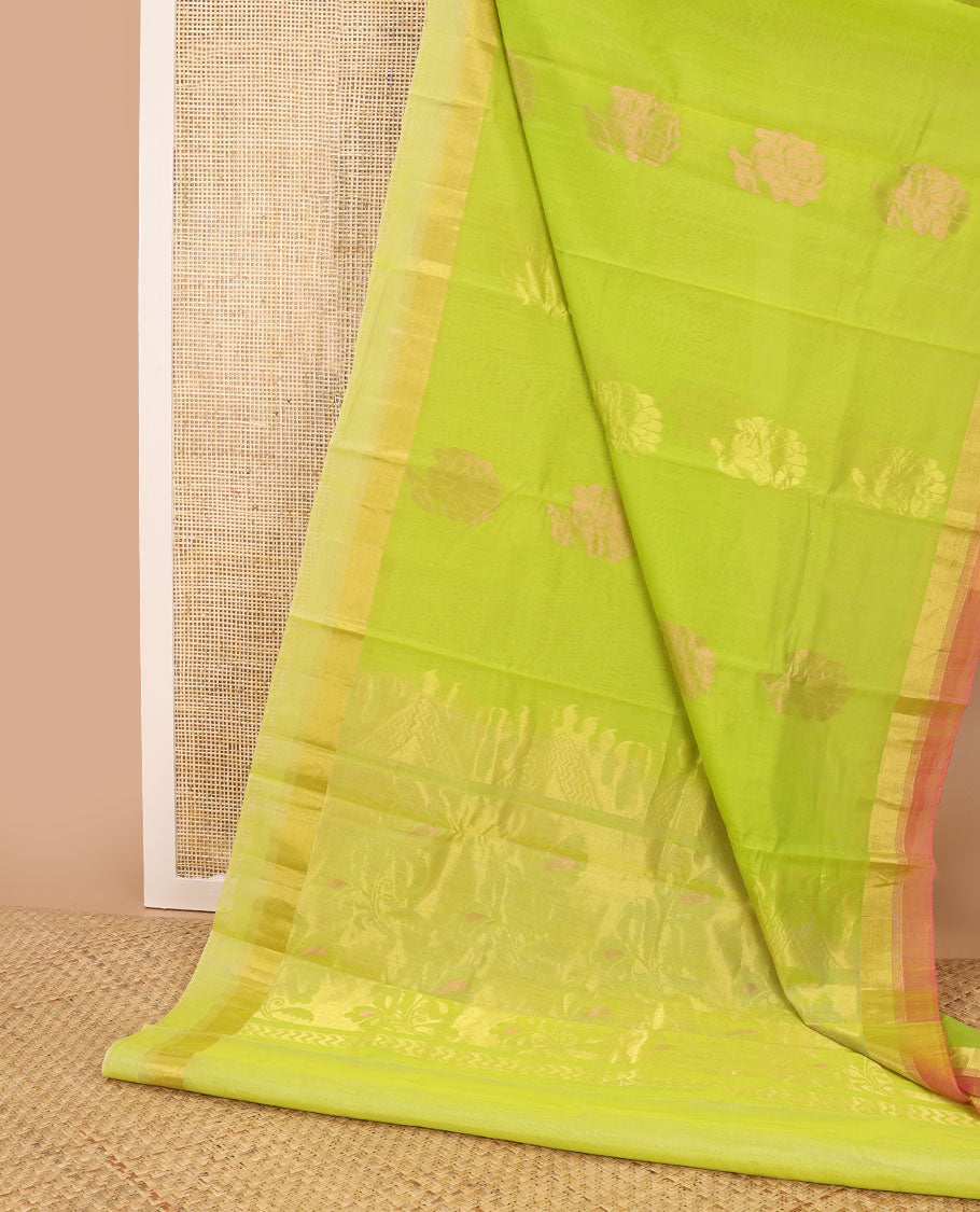 Light green floral motifs silk cotton saree with self zari border & floral design pallu