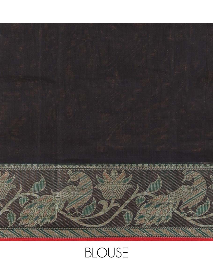 Black plain design Narayanapet cotton saree, contrast ganga jamuna leaf creeper border & striped pallu