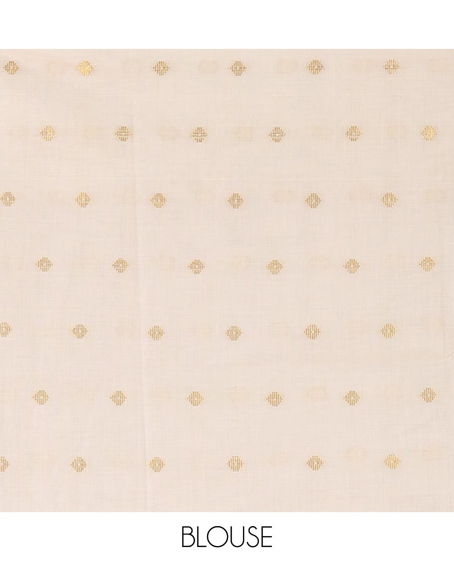 Borderless Kerala cream all over zari buttas saree, zari design pallu with green tussels & zari buttas blouse