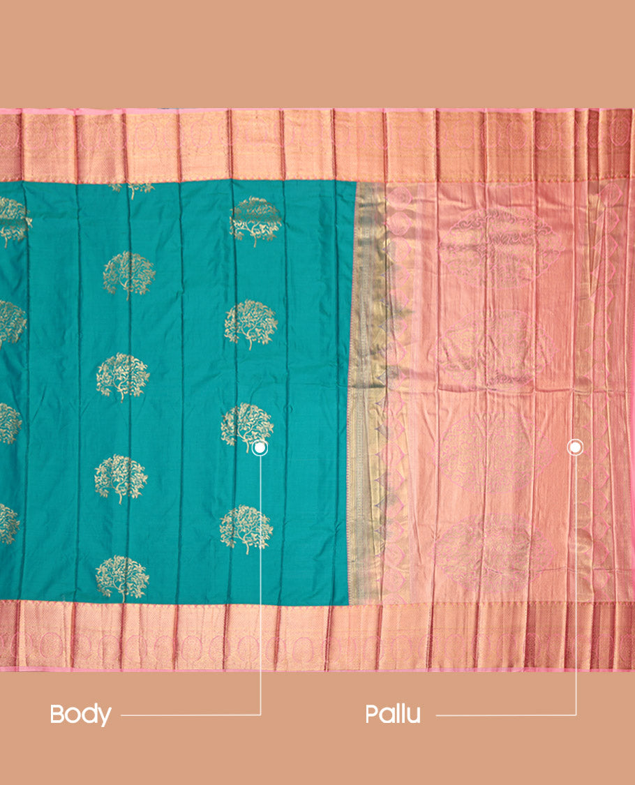 Rama Budget Silk Saree, Styled with Zari Buttas, Contrast Traditional Zari Border, Grand Pallu, and a Contrast Blouse