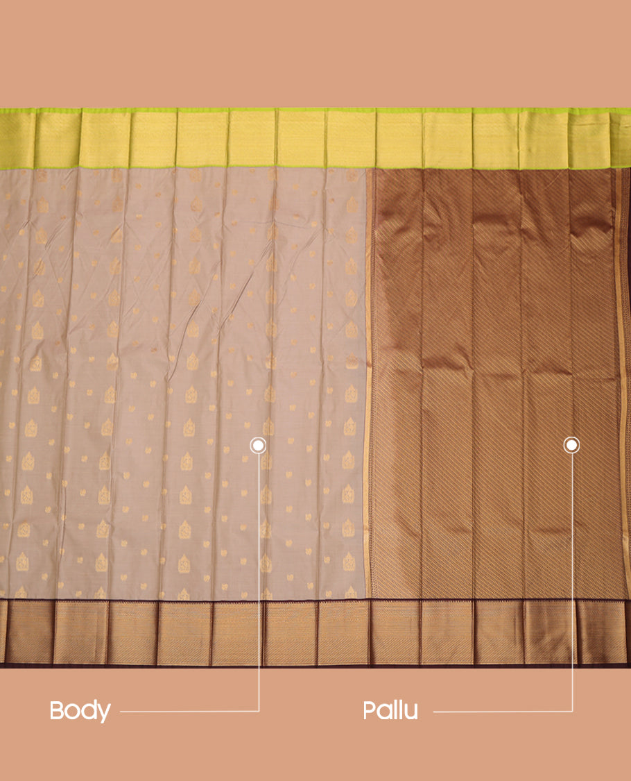 Pale Brown Budget Silk Saree, Subtly Sparkled with Zari Buttas, a Contrast Traditional Ganga-Jamuna Border, Intricate Pallu, and a Contrast Blouse