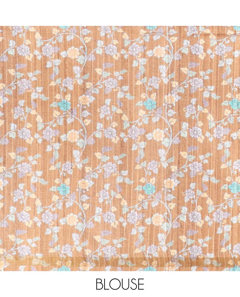 Grey semi kicha tussar saree with small zari border & kalamkari pallu along with floral printed blouse
