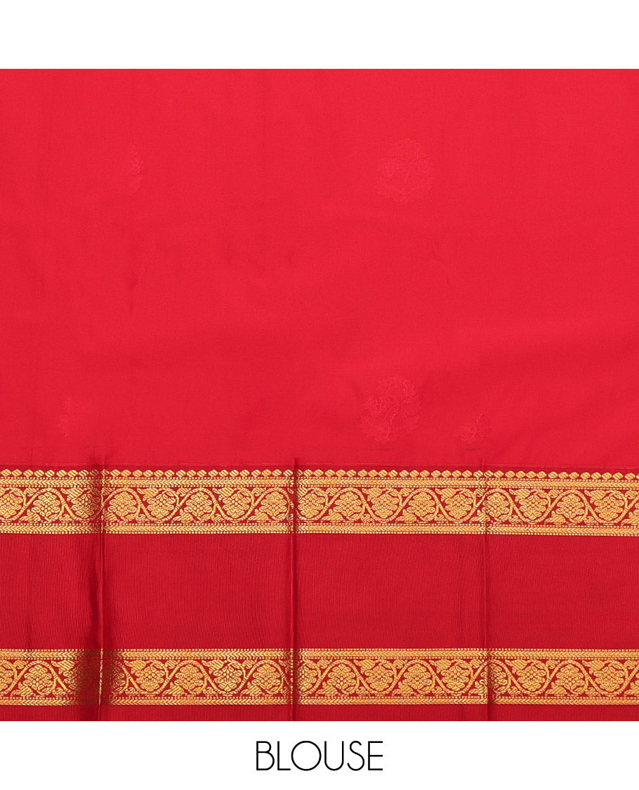 Green Budget Silk Saree, Detailed with Zari Buttas, Complemented by Contrast Floral Creeper Rettai Pettu Border, Grand Pallu and a Contrast Blouse