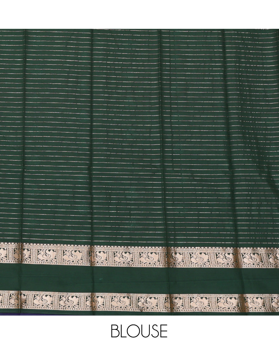Blue Budget Silk Saree, Ornamented with Checks and Buttas, Highlighted by Traditional Rettai Pettu Zari Border, a Contrast Grand Pallu and a Contrast Blouse