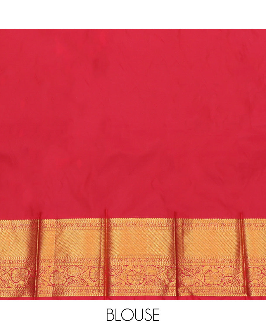 Green Budget Silk Saree, Highlighted by Zari Buttas, a Contrast Traditional Zari Border, Grand Jaal Pallu, and a Contrast Blouse