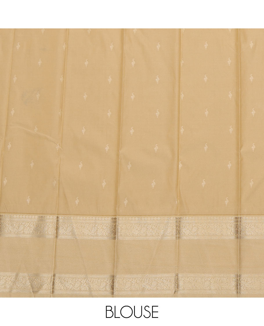 Wine Budget Silk Saree, Prettified with Buttas All Over Its Body, Complemented by a Contrast Traditional Zari Design Rettai Pettu Border of Peacocks, a Grand Pallu of Jaal Design, and Paired with a Contrast Blouse