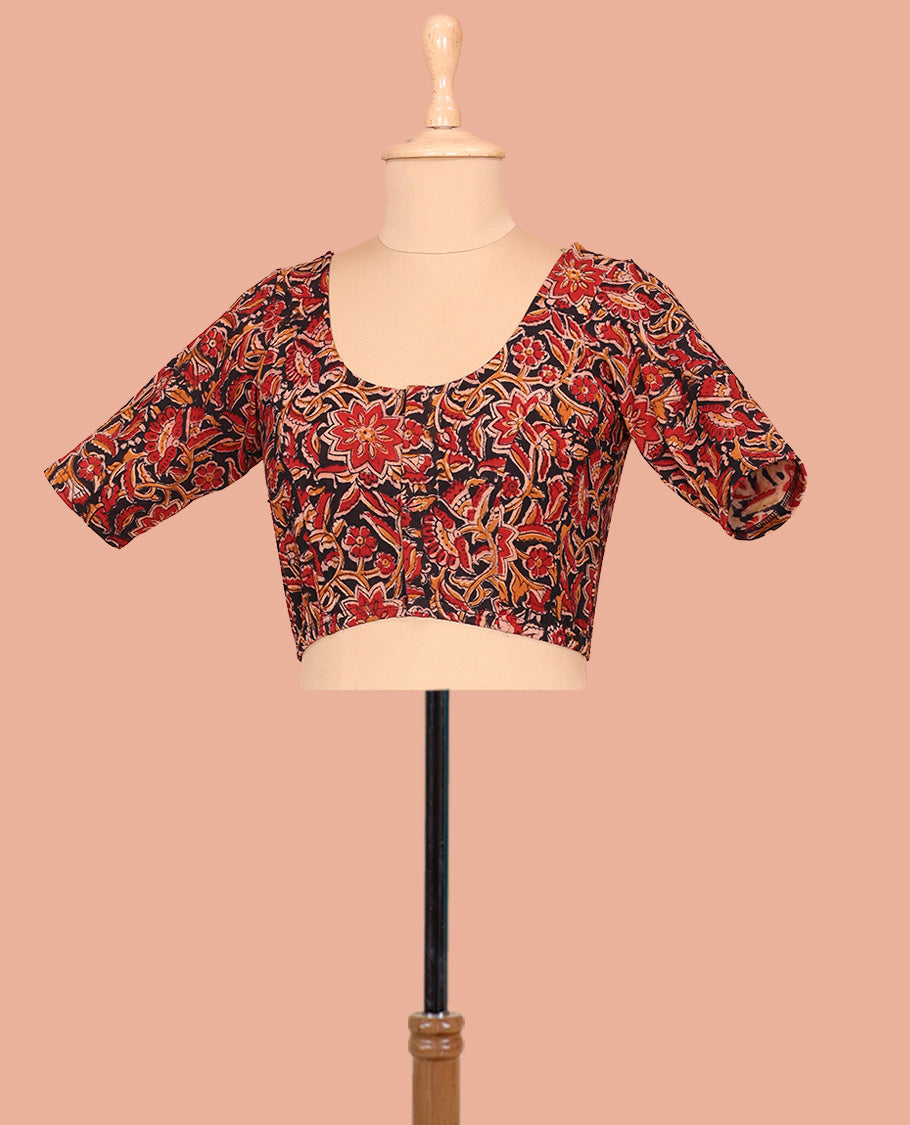 Black and Red Cotton Readymade Blouse Finely Printed with All-Over Floral Vine, Front Round-Neck, Back Round Neck, and Elbow Sleeves