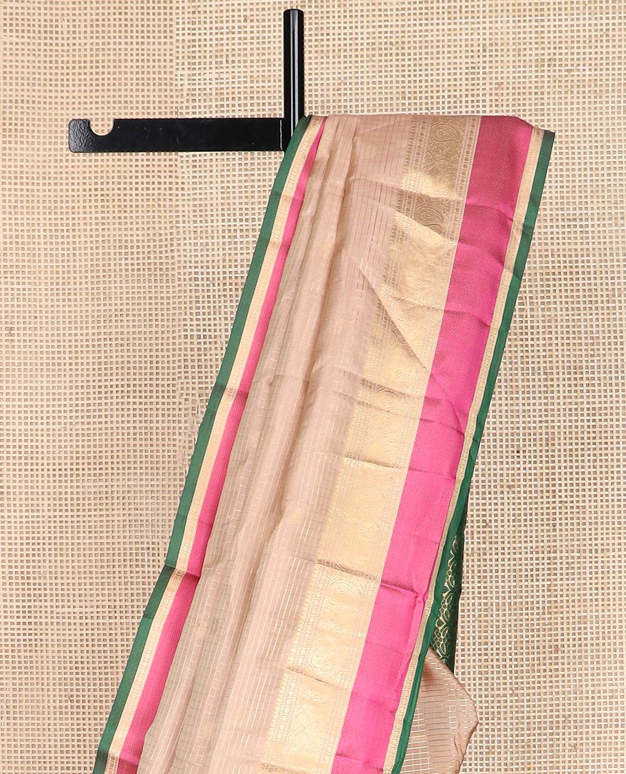 Sandal zari design silk saree, contrast intricate pallu & border of rekku, muthu, paisa, kodi mayil & yaanai designs
