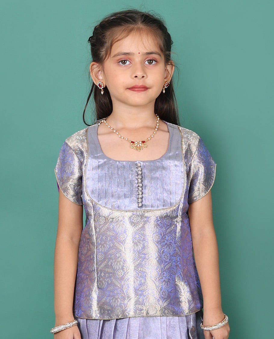 Violet readymade art silk pavadai, traditional zari border skirt, & jacquard short-sleeve round-neck blouse