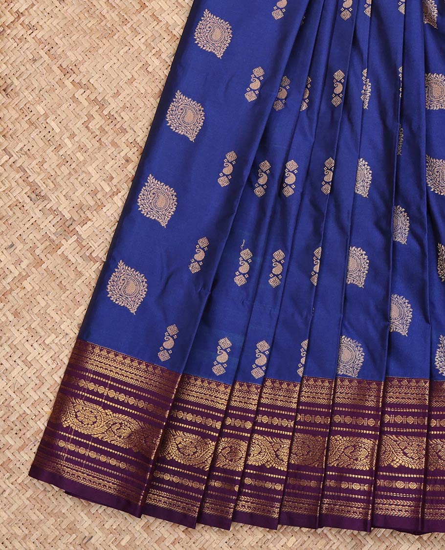 Blue Budget Silk Saree, Elevated with Zari Buttas on Its Body, Complemented by a Contrast Traditional Zari Border, Grand Diagonally Striped Pallu, and Paired with a Contrast Blouse