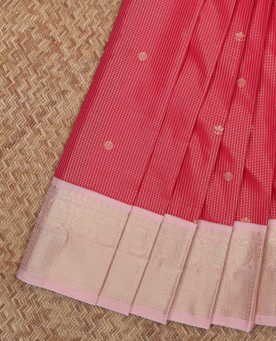 Red Budget Silk Saree, Woven with Zari Buttas and Checks, a Contrast Traditional Zari Border, Sparsely Woven Pallu, and a Contrast Blouse