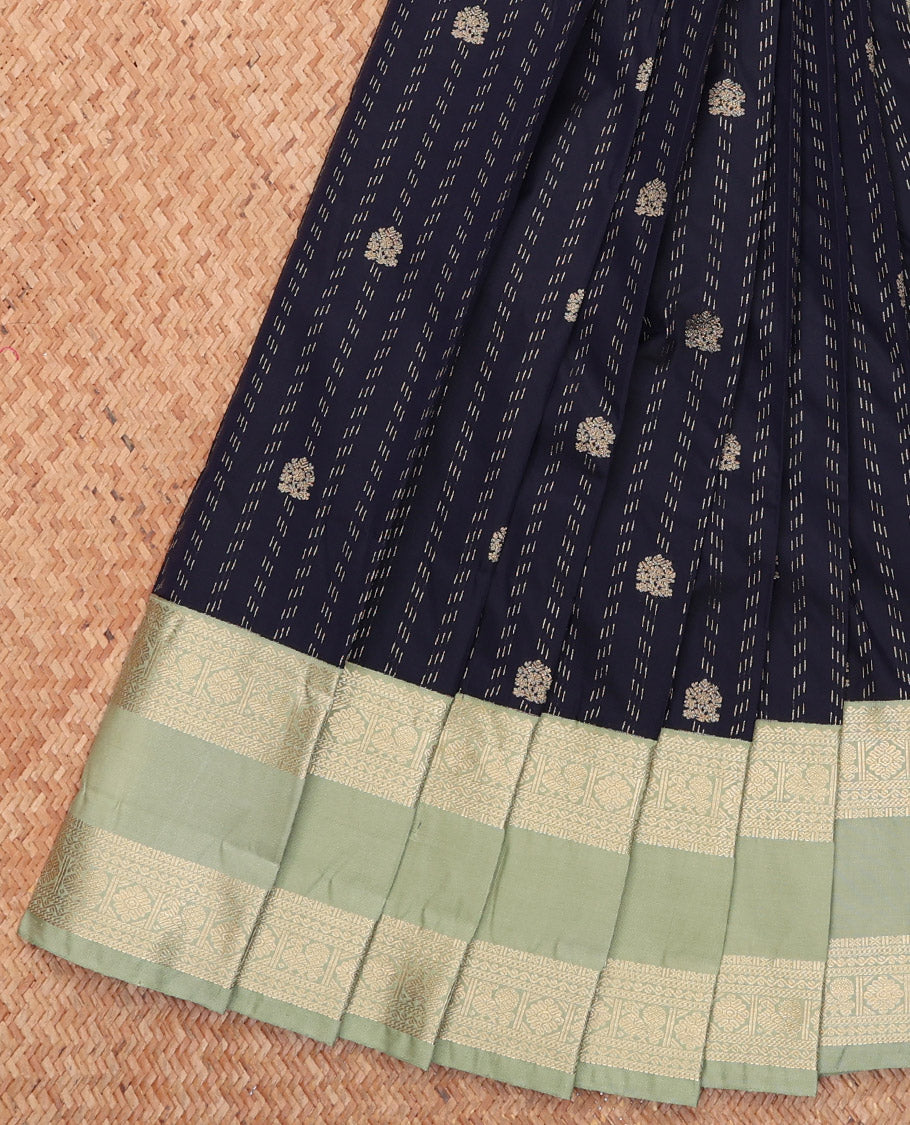 Blue Budget Silk Saree, Highlighted by Buttas, Complemented by a Contrast Traditional Rettai Pettu Border, Sparsely Woven Pallu, and a Contrast Blouse