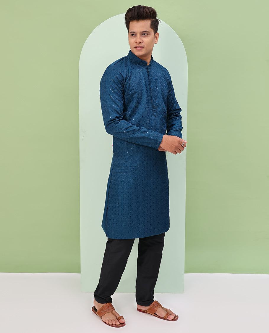Blue color sequins embroidered full-sleeve kurta set